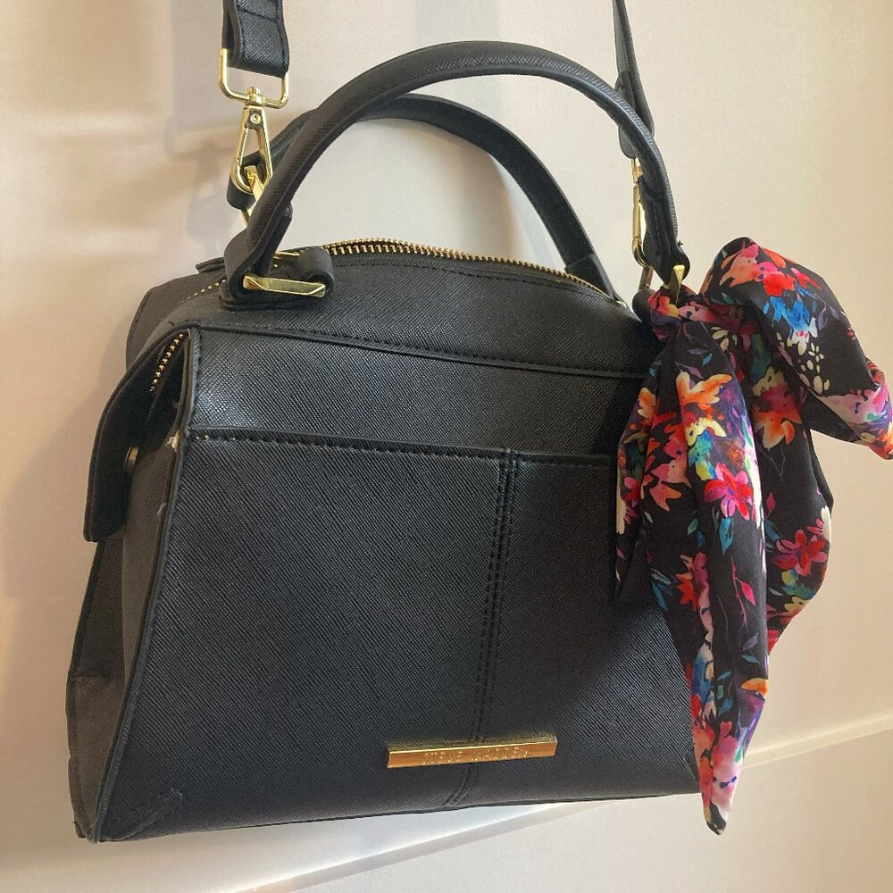 Steve Madden Black and Gold Breese Crossbody Faux Leather Purse Handbag + Scarf